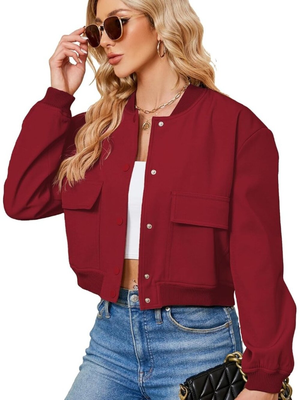 Women's Red Stylish Short Trendy Casual Lightweight Side Pockets Bomber Jackets